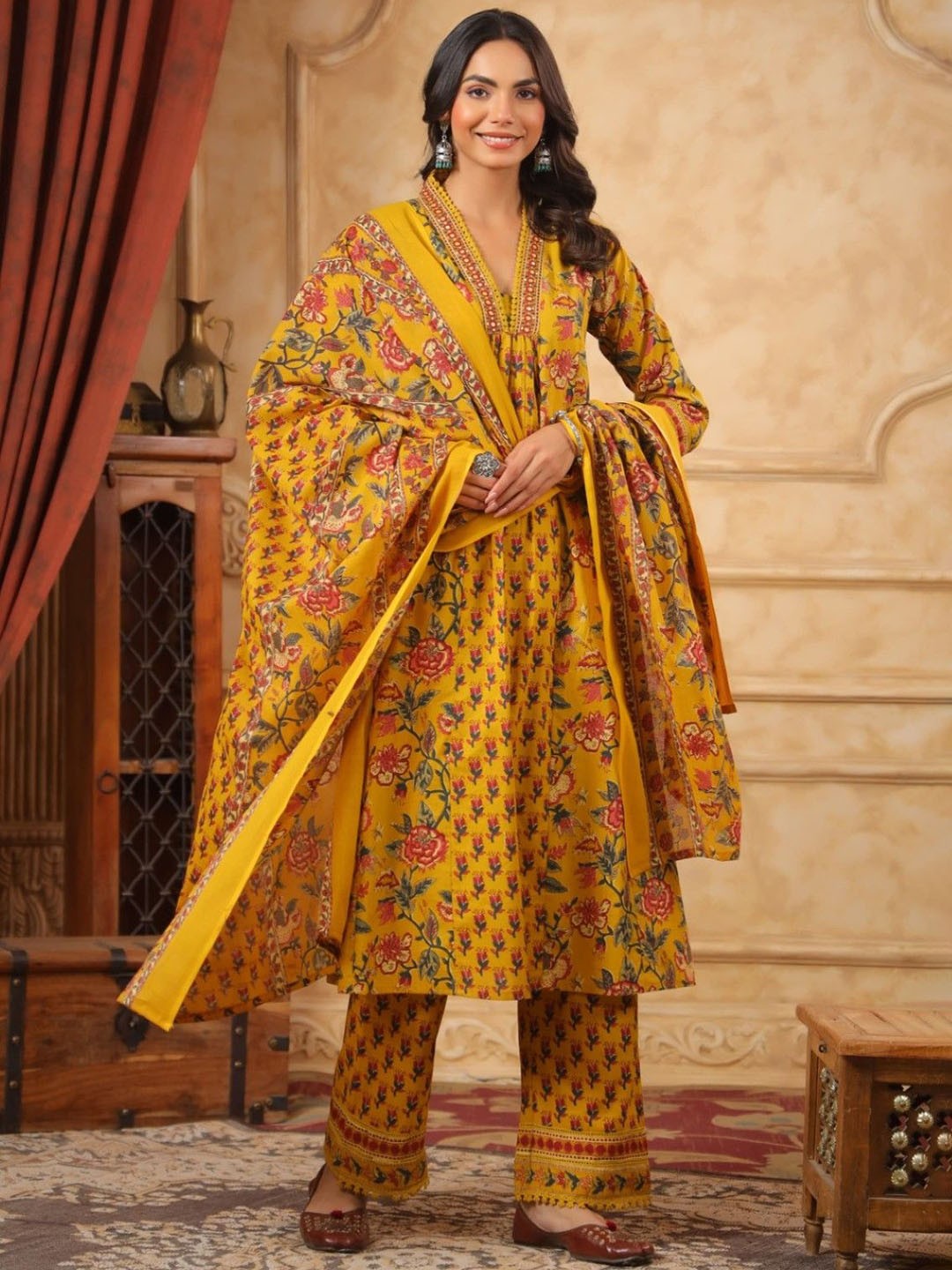 

AUTUMN LANE Floral Printed V Neck Pure Cotton A-Line Kurta With Trouser & Dupatta, Yellow