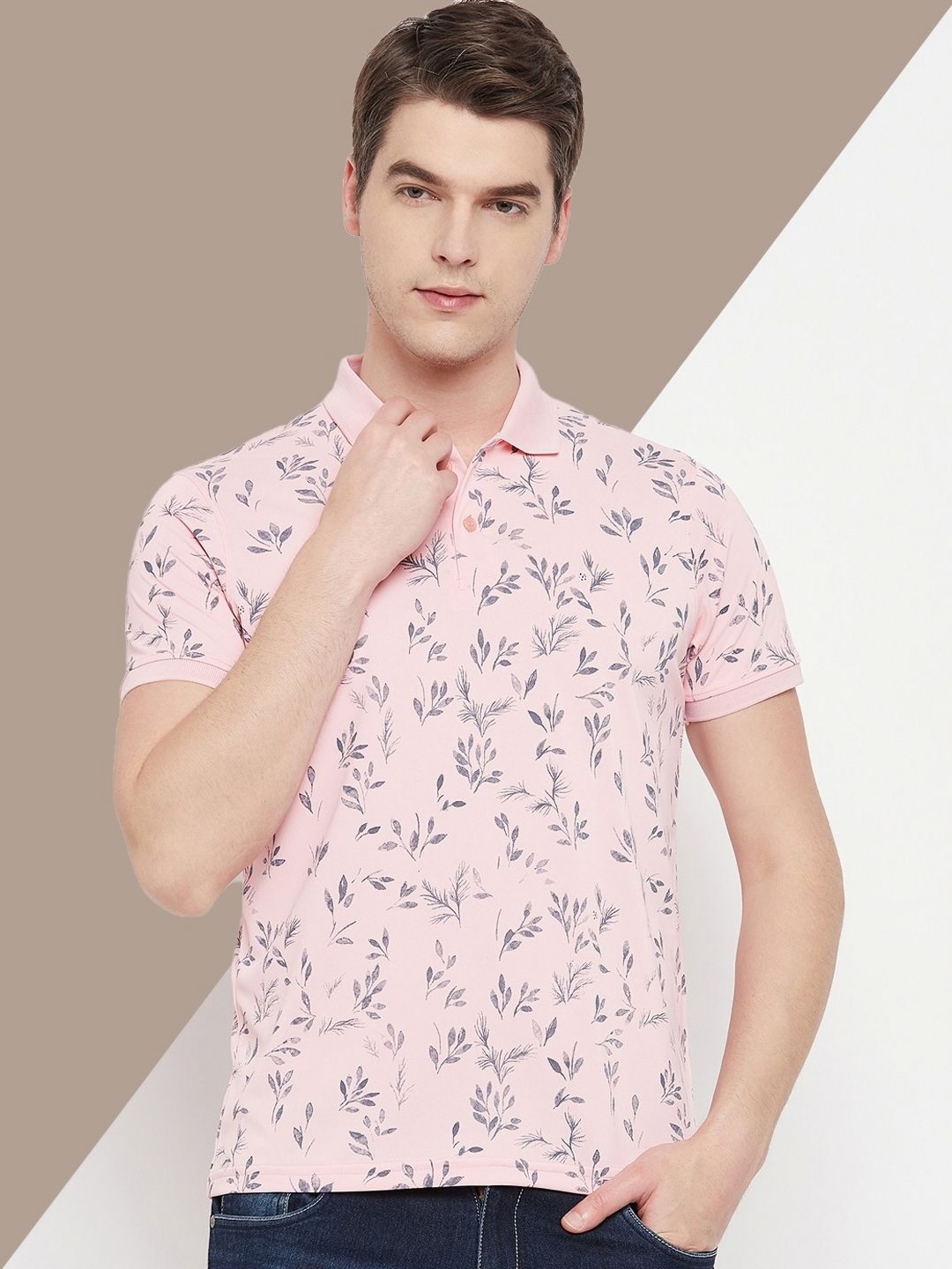 

OGEN Men Floral Printed Polo Collar Pockets T-shirt, Pink