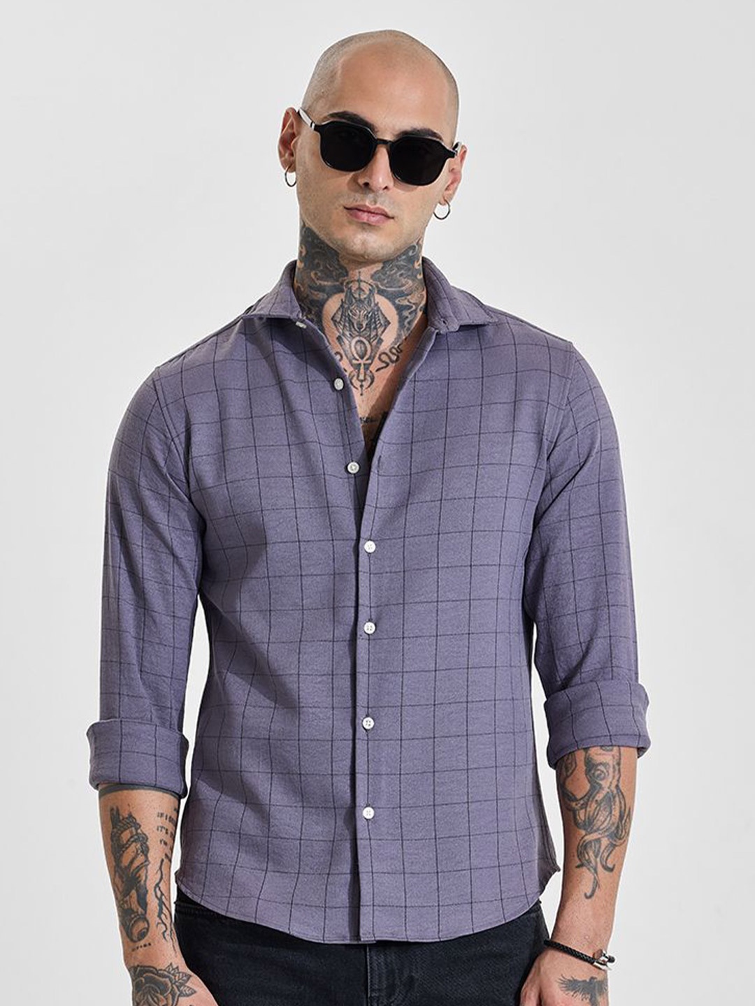 

Snitch Men Slim Fit Opaque Checked Formal Shirt, Lavender