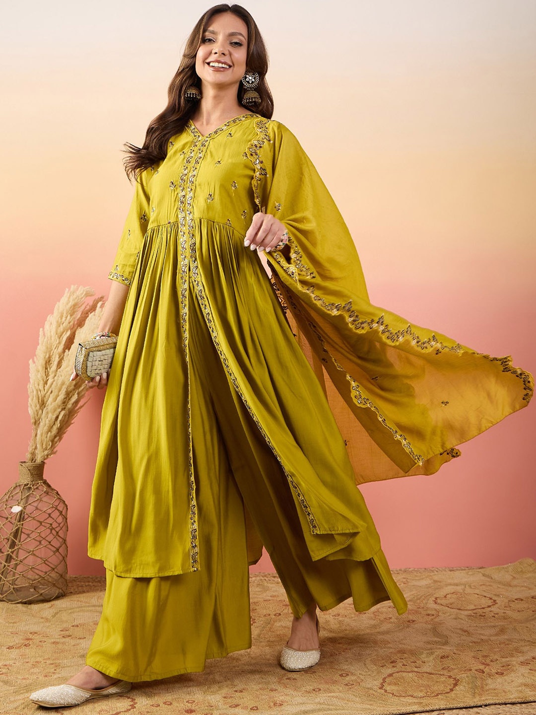 

Sangria Embroidered Kurta With Palazzos & Dupatta, Yellow