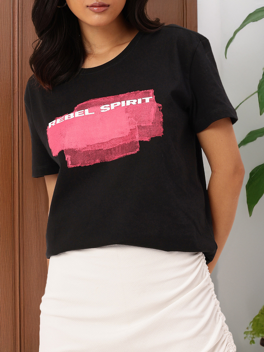 

DressBerry Rough Rebel Spirit Printed Relaxed Fit T-shirt, Black