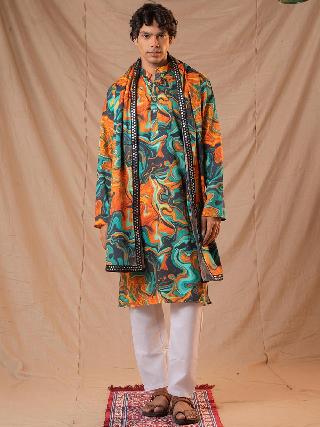 

5 Stitch Abstract Printed Mandarin Collar Kurta, Green