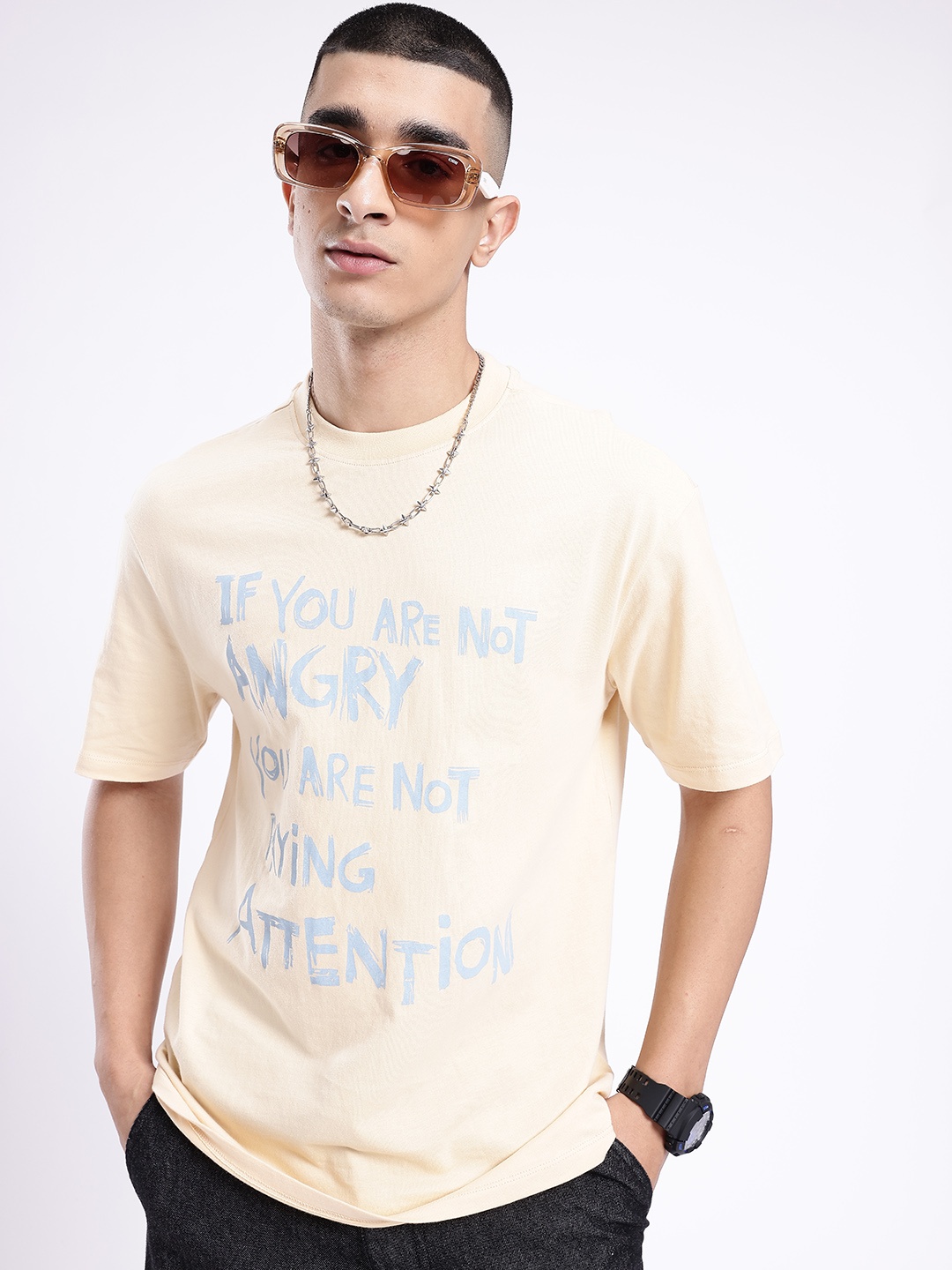 

glitchez Urban Vibes Printed Relaxed Fit T-shirt, Beige