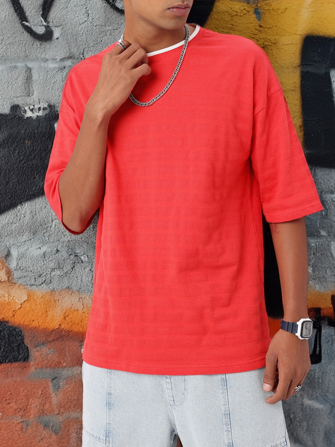 

Kook N Keech Modern Utility Self Design Textured Oversized T-shirt, Red