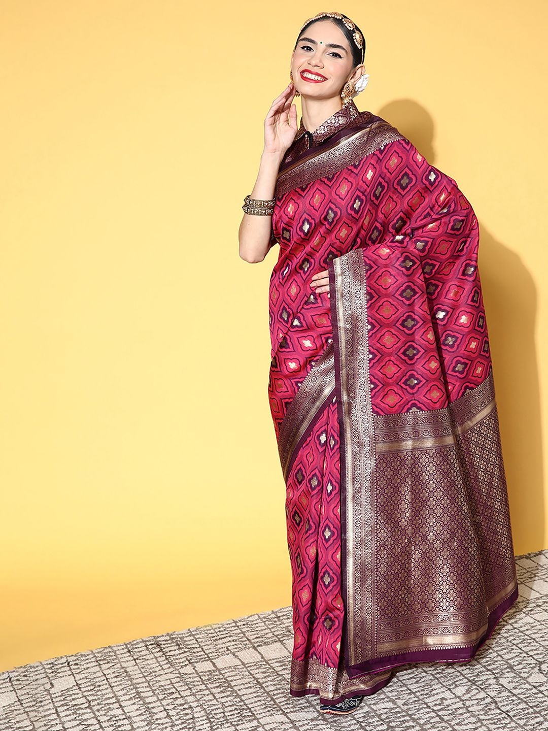 

Mitera Woven Design Zari Silk Blend Dharmavaram Saree, Pink