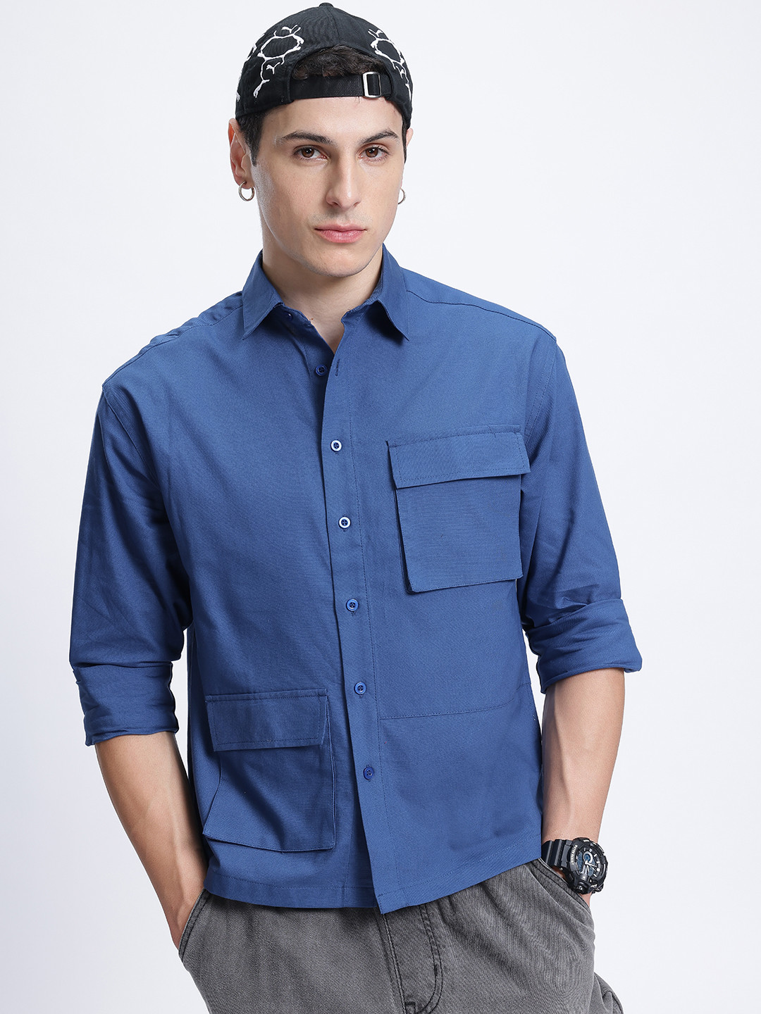 

glitchez Beat the Blues Chest Pocket Detail Oversized Shirt, Blue