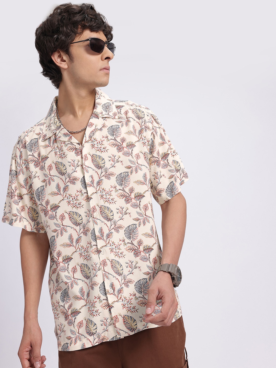 

glitchez Indie Florals Relaxed Bowling Shirt, Off white