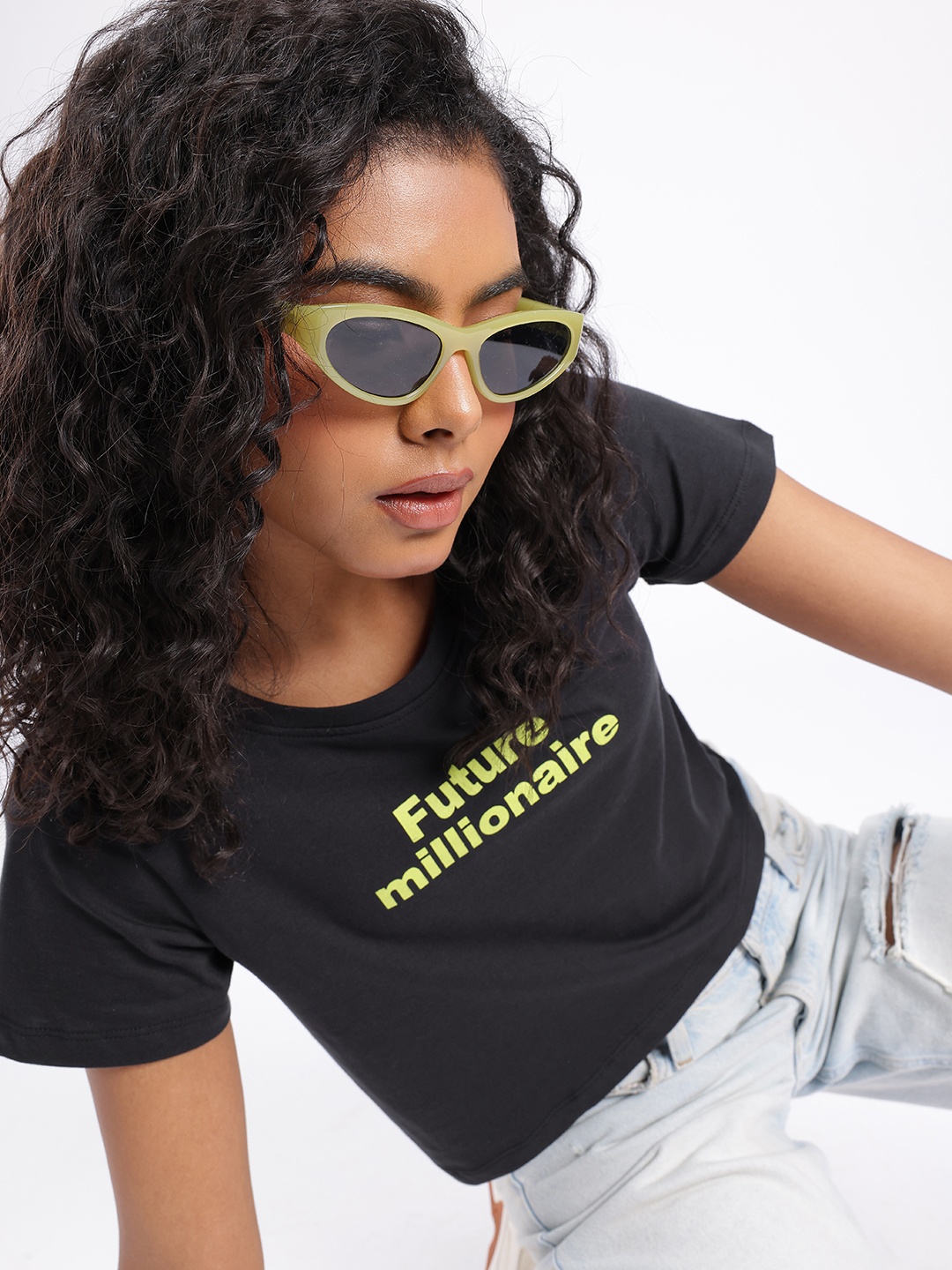 

glitchez Ambitious Glam Printed Boxy Crop T-shirt, Black