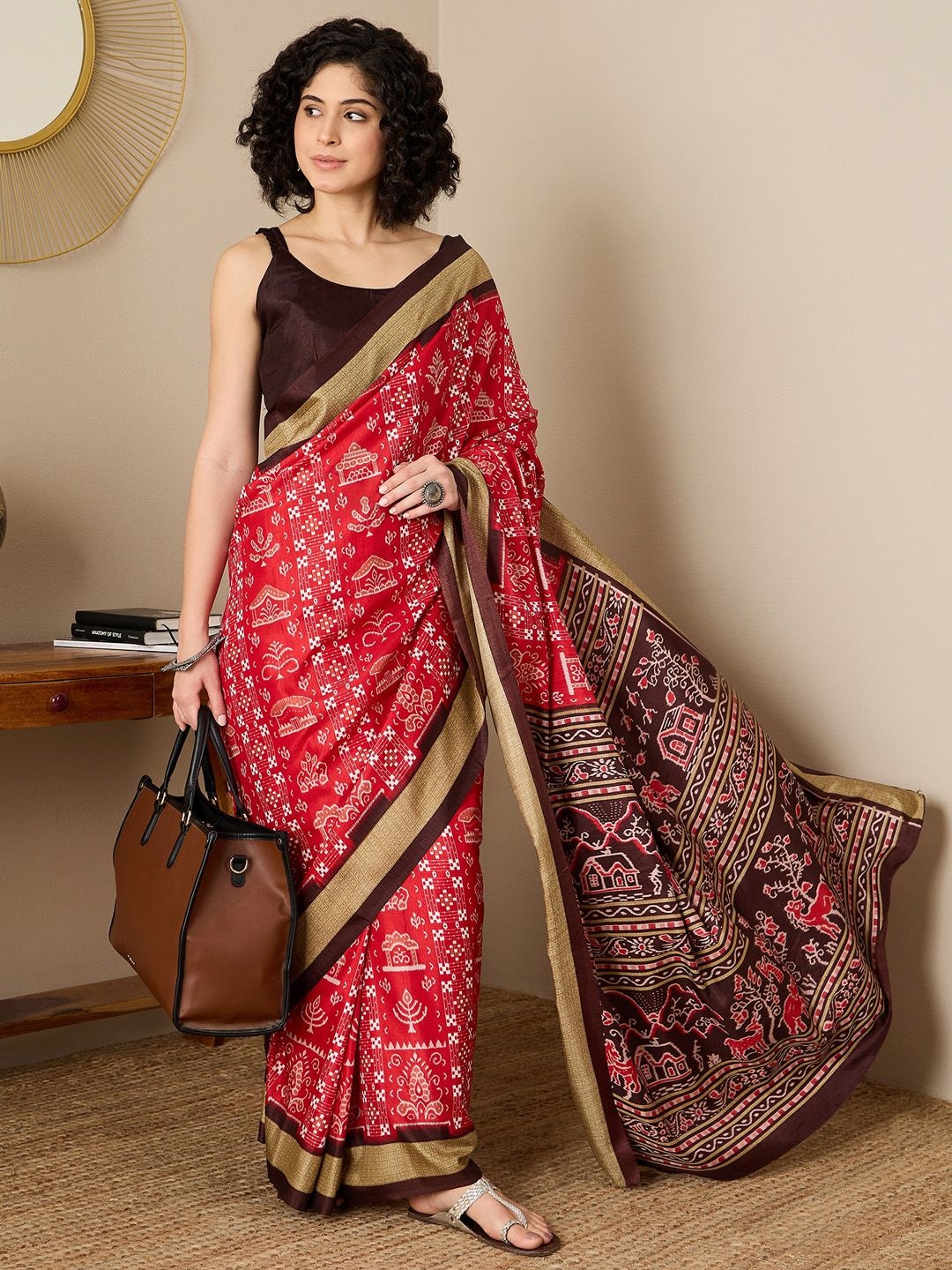 

Mitera Warli Silk Blend Ready to Wear Sambalpuri Saree, Red