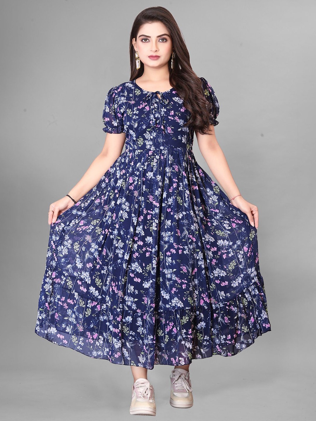

KRISHTI CREATION Floral Print Puff Sleeve Georgette Fit & Flare Maxi Dress, Blue