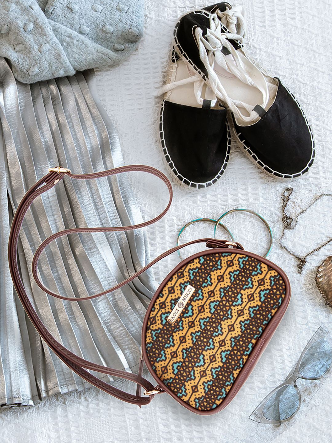 

Sacci Mucci Floral Printed Sling Bag with Cut Work, Brown