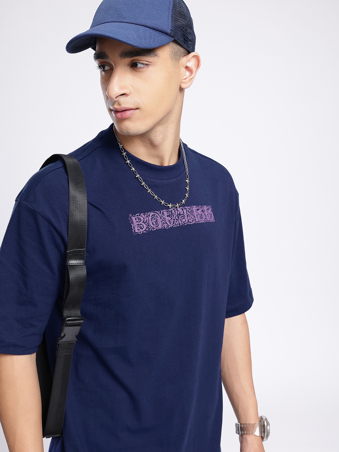 

glitchez Urban Easy Going Printed Oversized T-shirt, Navy blue