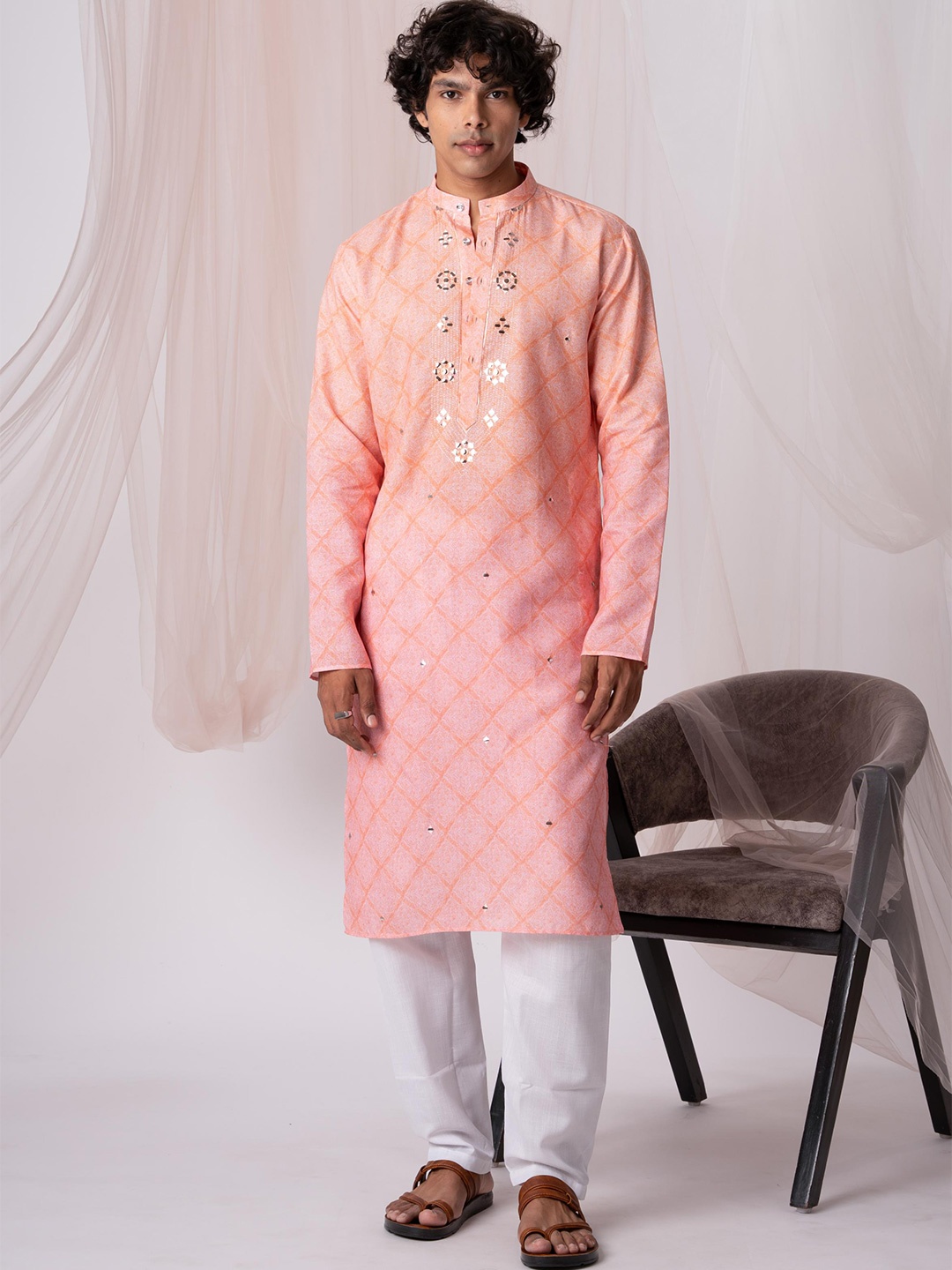 

5 Stitch Men Ethnic Motifs Embroidered Sequinned Chanderi Silk Kurta, Orange