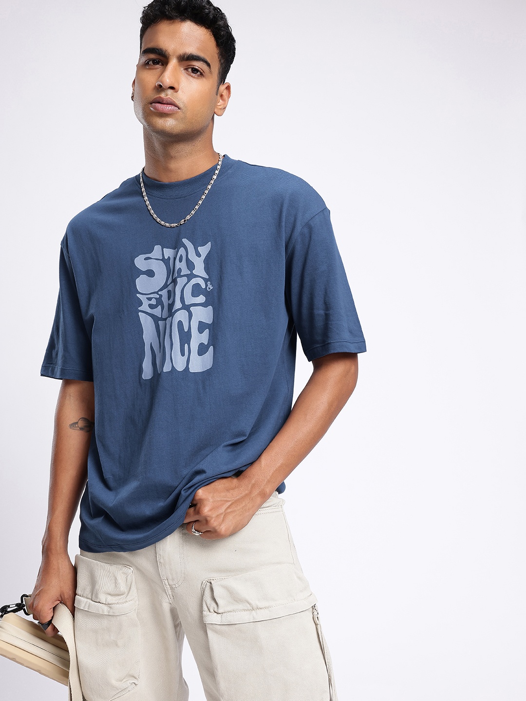 

glitchez Modern Touch Typography Printed Relaxed Fit T-shirt, Blue