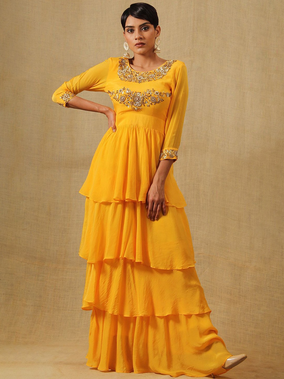 

KHUSHBOO AND PANKAJ Embellished Embroidered Georgette A-Line Maxi Dress, Yellow