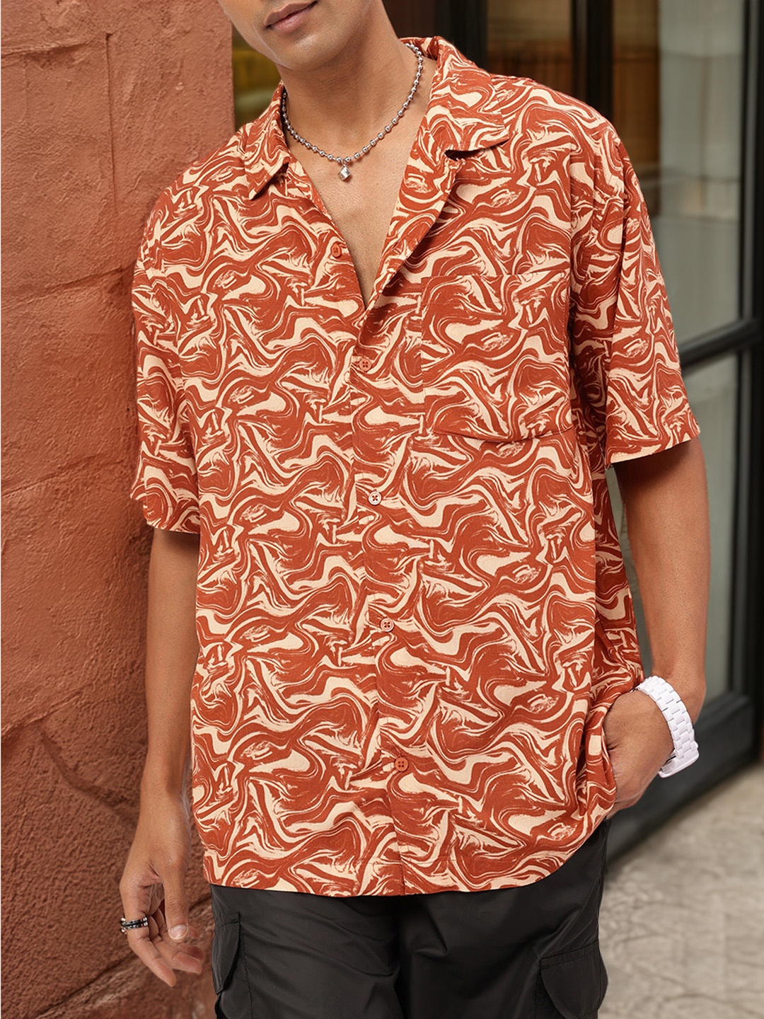 

Kook N Keech WanderVibe Abstract Printed Oversized Shirt, Rust