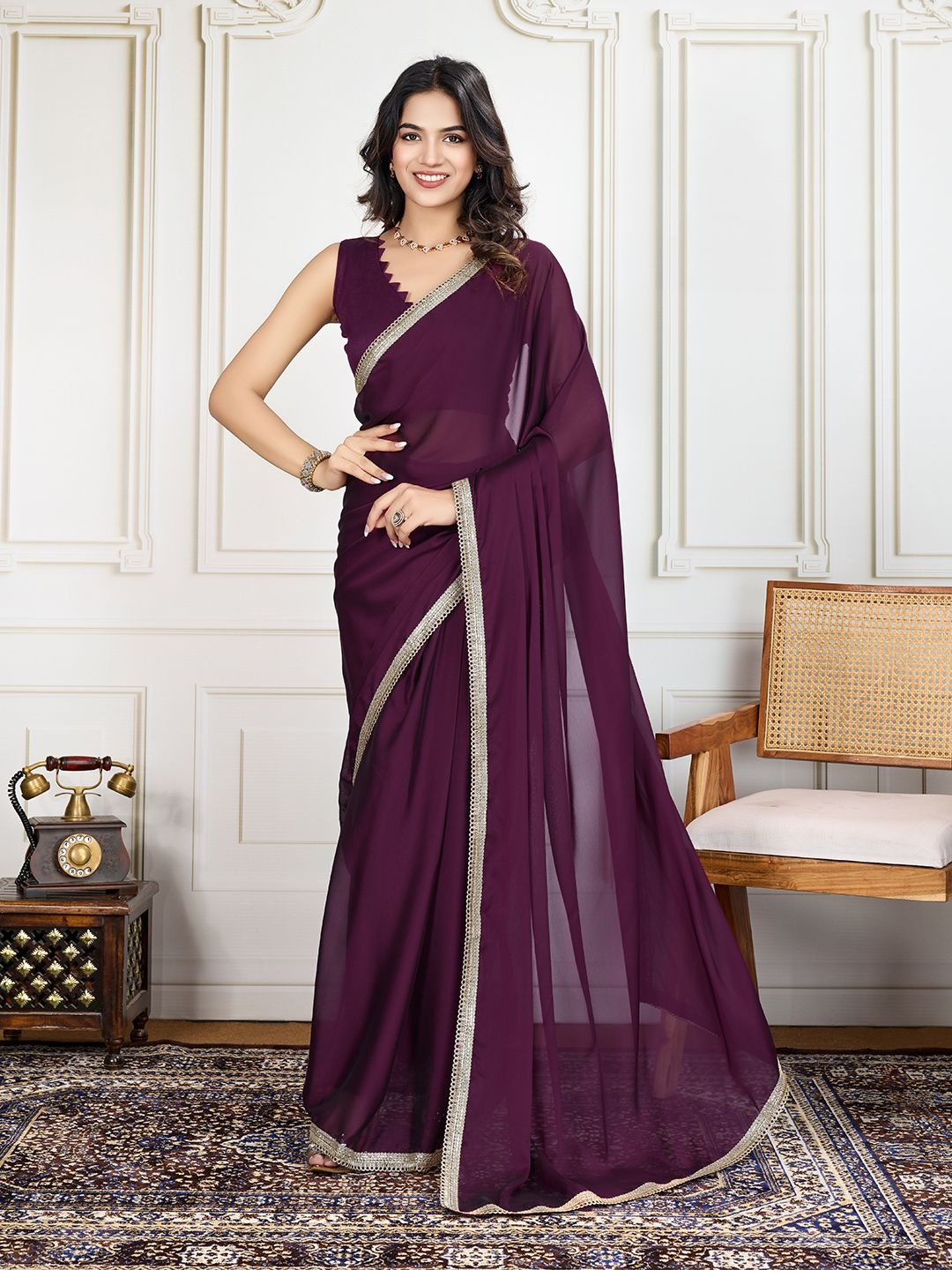 

House Of Pataudi Purple Rangoli Silk Plan Ready to wear Saree With Blouse