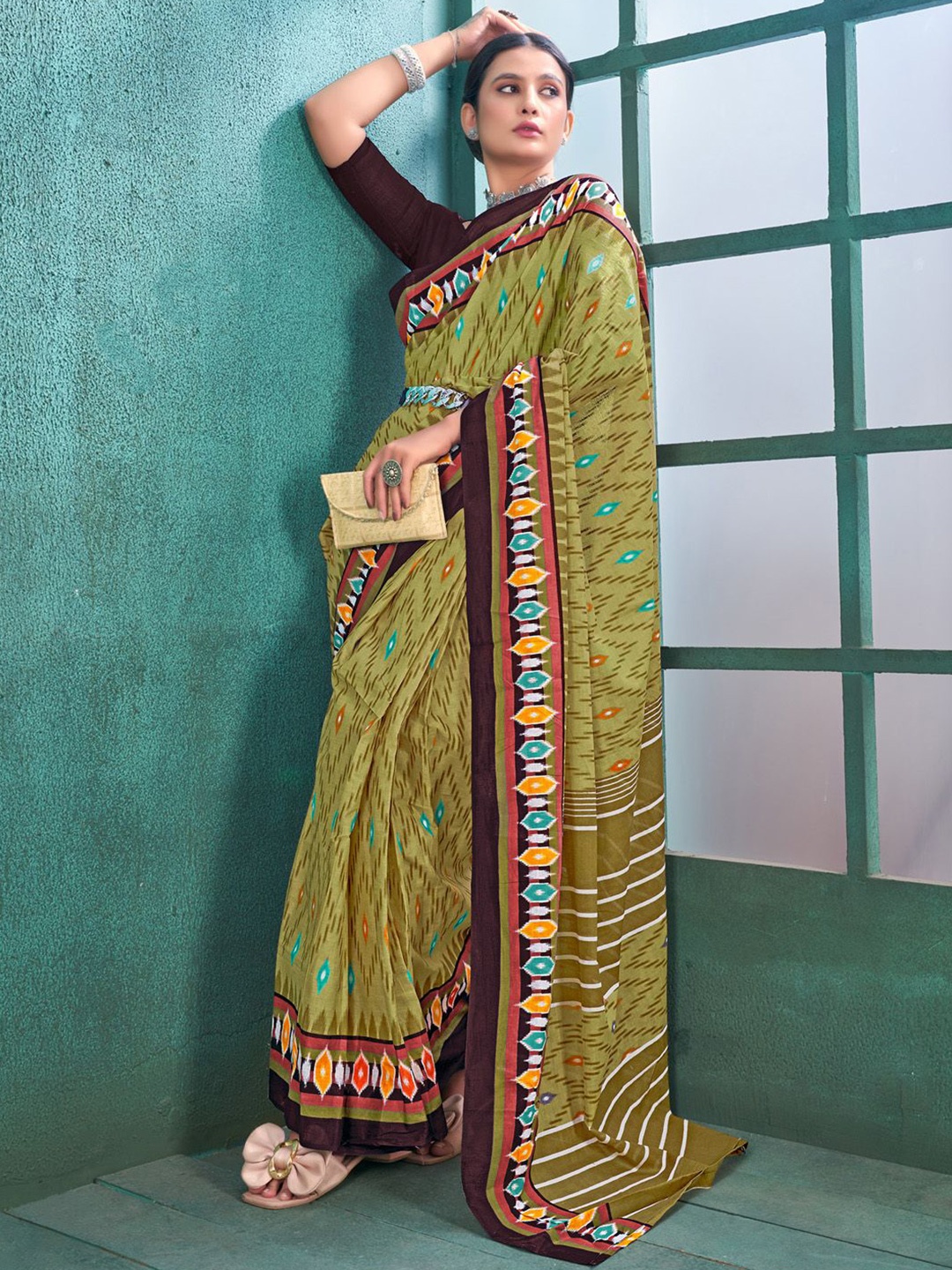 

Anouk Rustic Ikat Saree, Olive