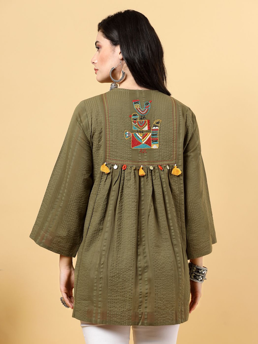 

FABRIC FITOOR Women Ethnic Embroidered Bohemian Tie-Up Shrug, Olive