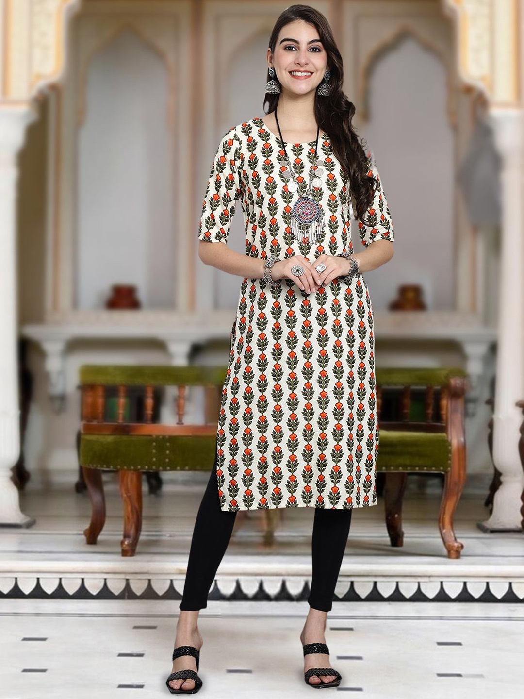 

Moda Rapido Floral Printed Round Neck Straight Kurta, White