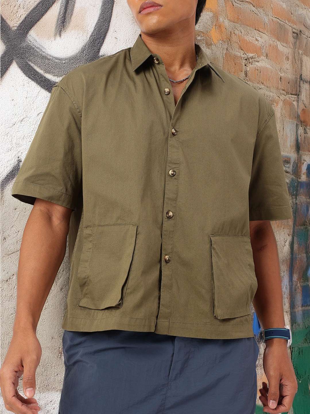 

Kook N Keech Edgy Style Drop-Shoulder Boxy Fit Shirt, Olive