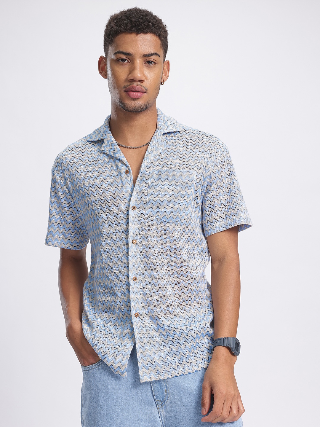 

glitchez Chevron Vibes Self-Design Relaxed Fit Semi Sheer Shirt, Off white