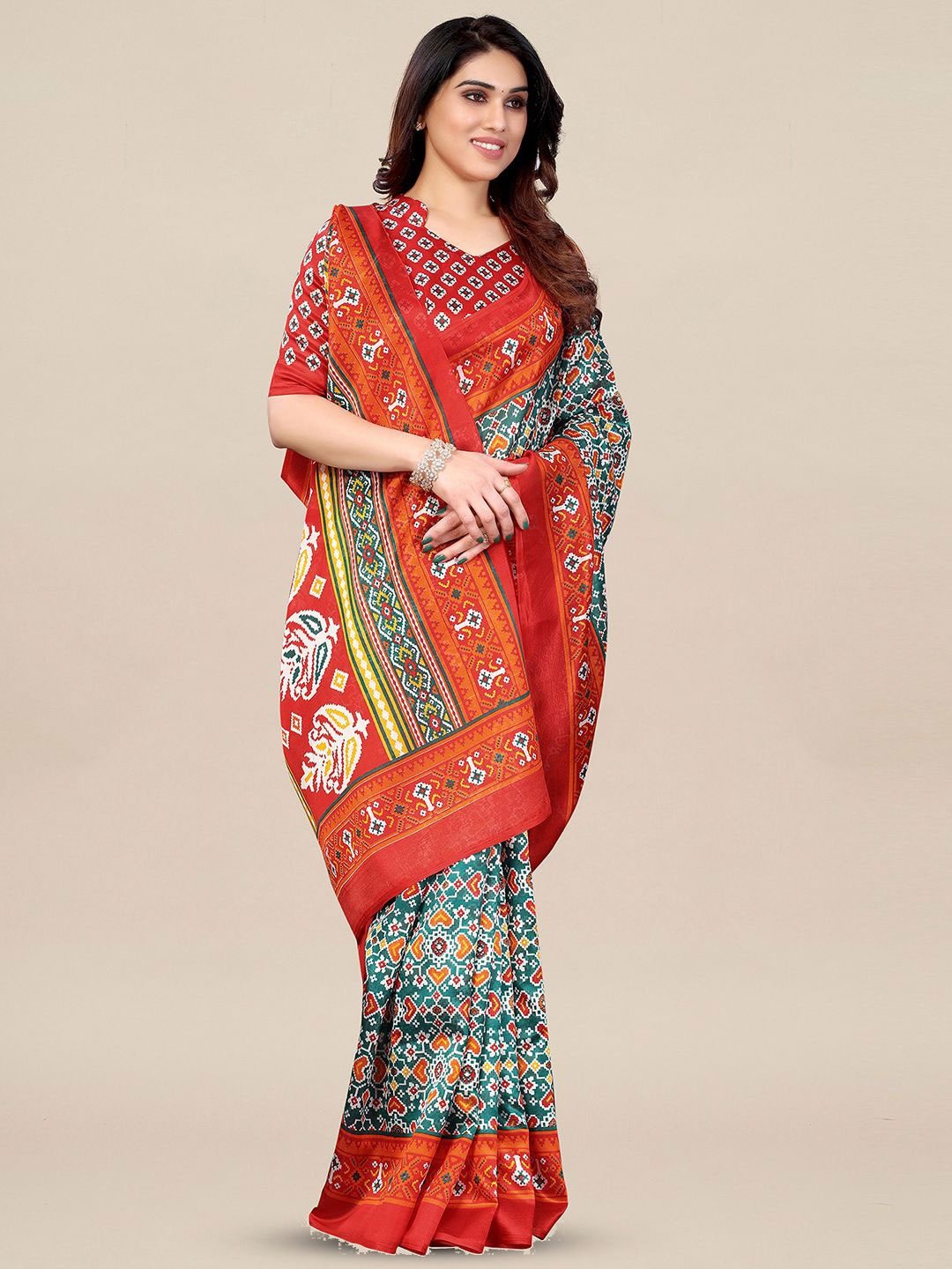 

Anouk Rustic Floral Art Silk Pochampally Saree, Sea green