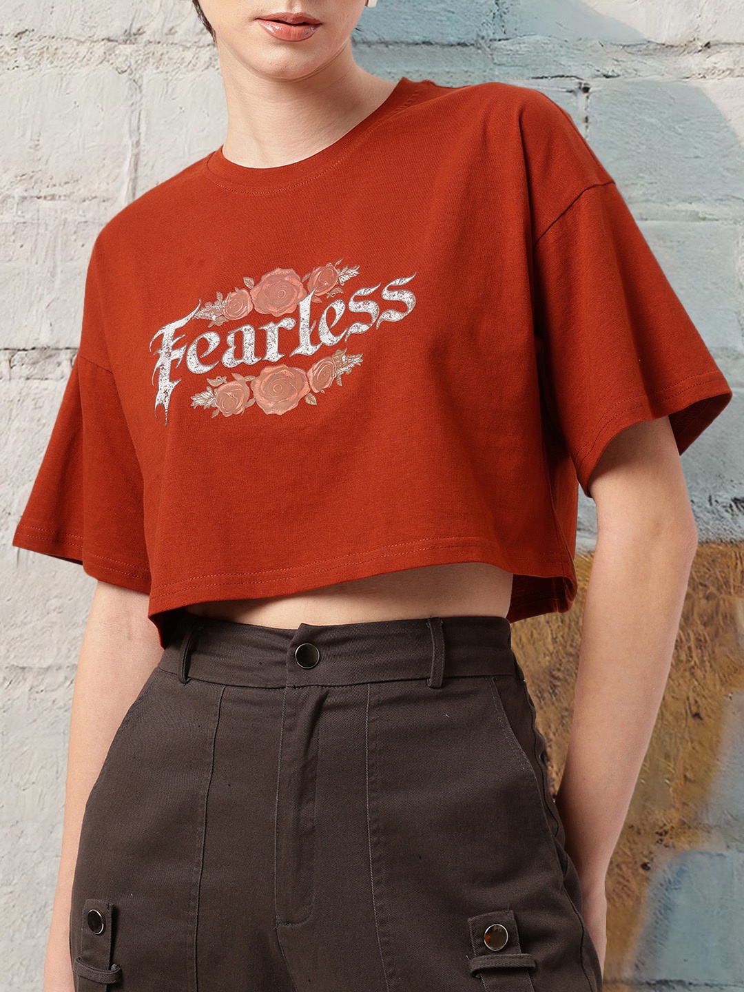 

DressBerry Fearless Touch Printed Boxy Fit Crop T-shirt, Rust