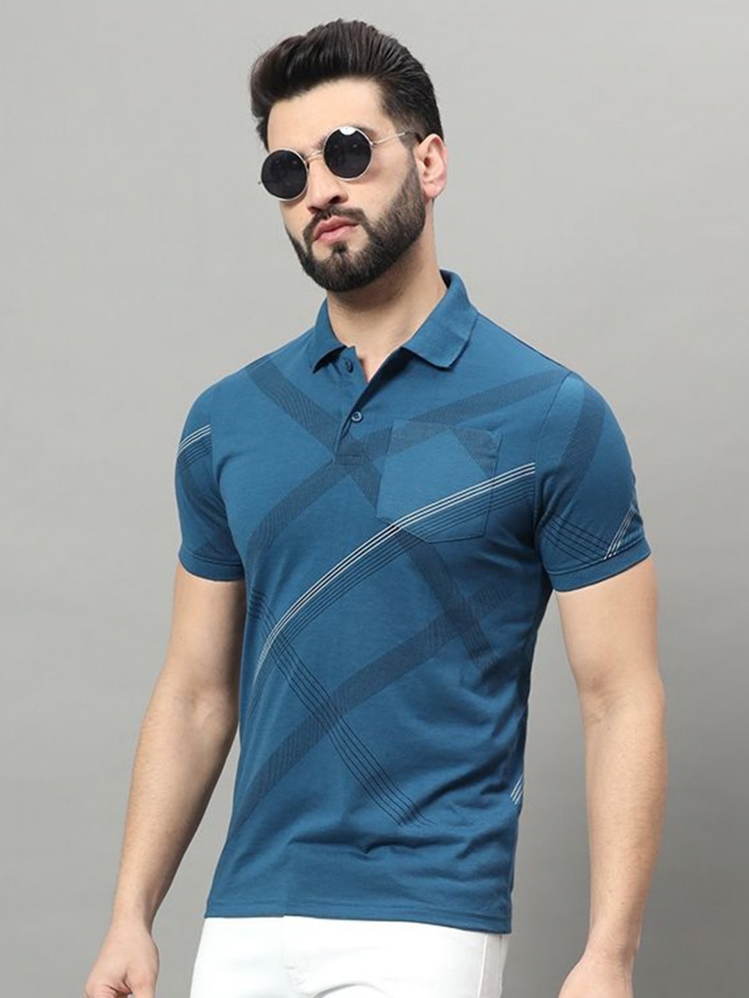 

OGEN Men Printed Polo Collar Pockets T-shirt, Blue