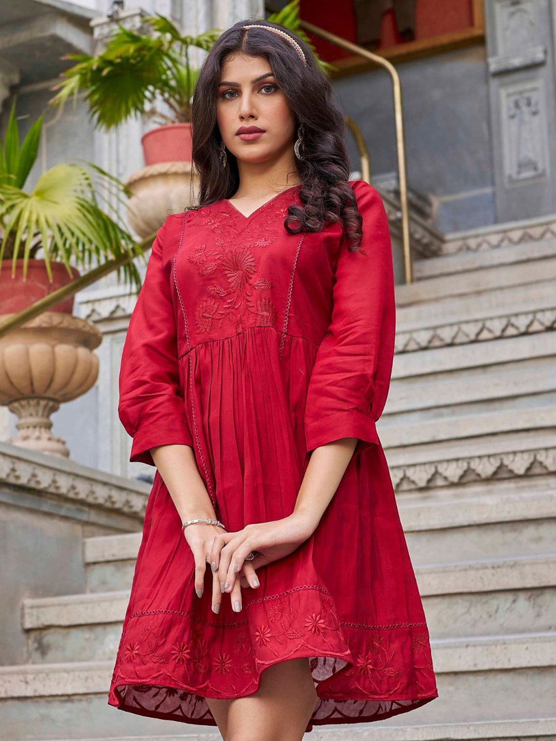 

Kesudi Embroidered Silk Fit & Flared Dress, Maroon