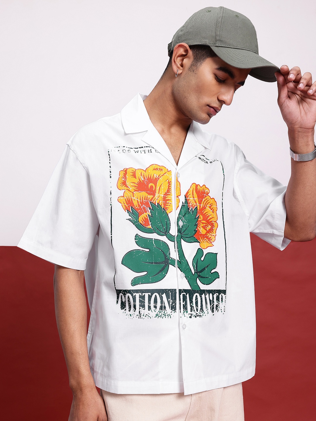 

glitchez Boho Botanicals Printed Drop-Shoulder Sleeves Oversized Shirt, White