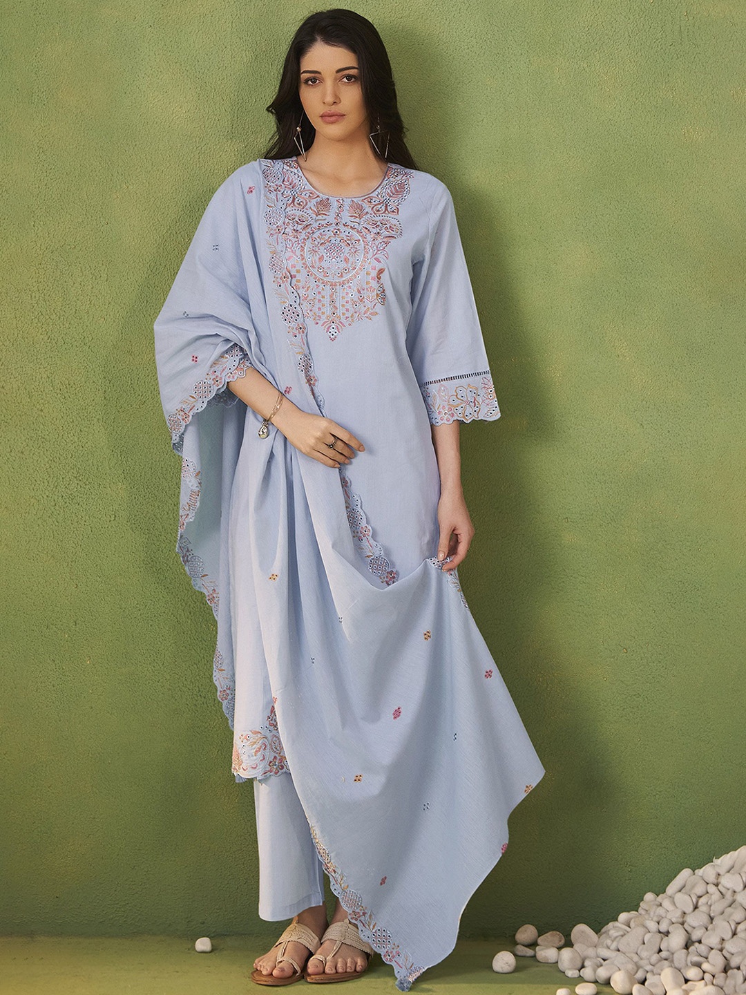 

Anouk Ethnic Motifs Embroidered Pure Cotton Kurta With Trousers & Dupatta, Blue