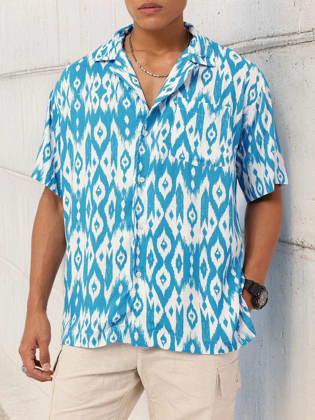 

Kook N Keech Desi Drama In Ikat Printed Oversized Shirt, Blue