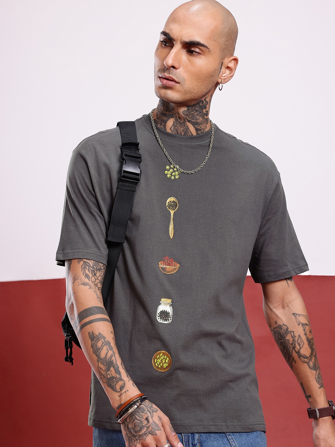 

glitchez Urban Essential Oversized Printed T-shirt, Grey