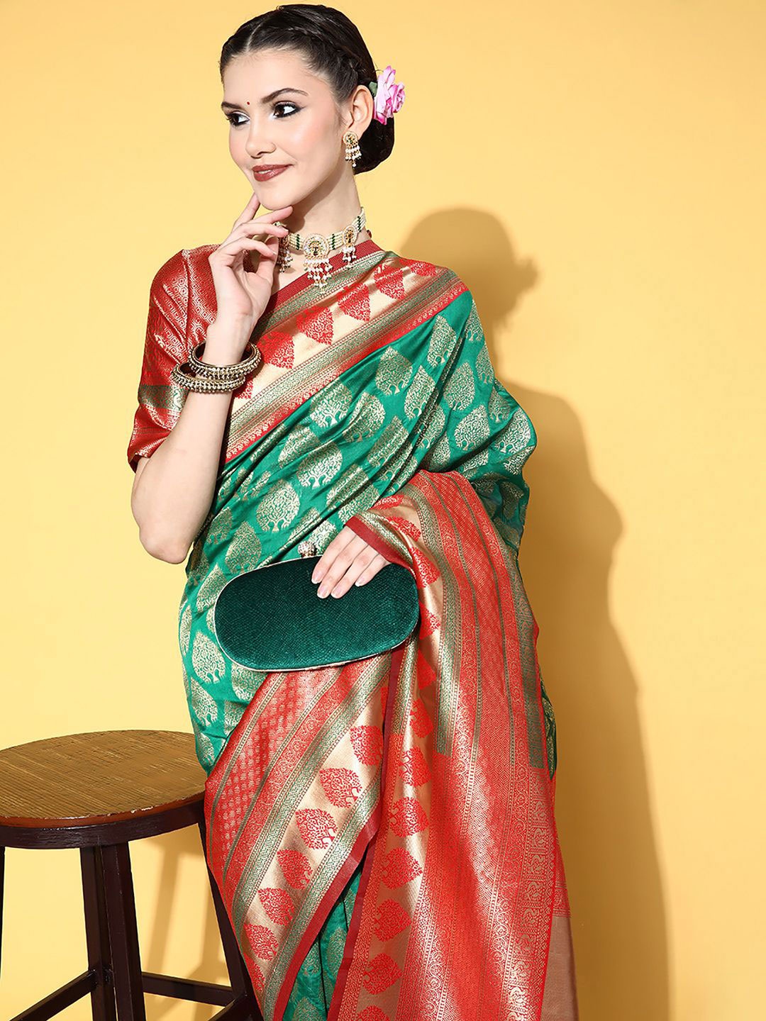 

Anouk Rustic Woven Design Zari Silk Blend Dharmavaram Saree, Green