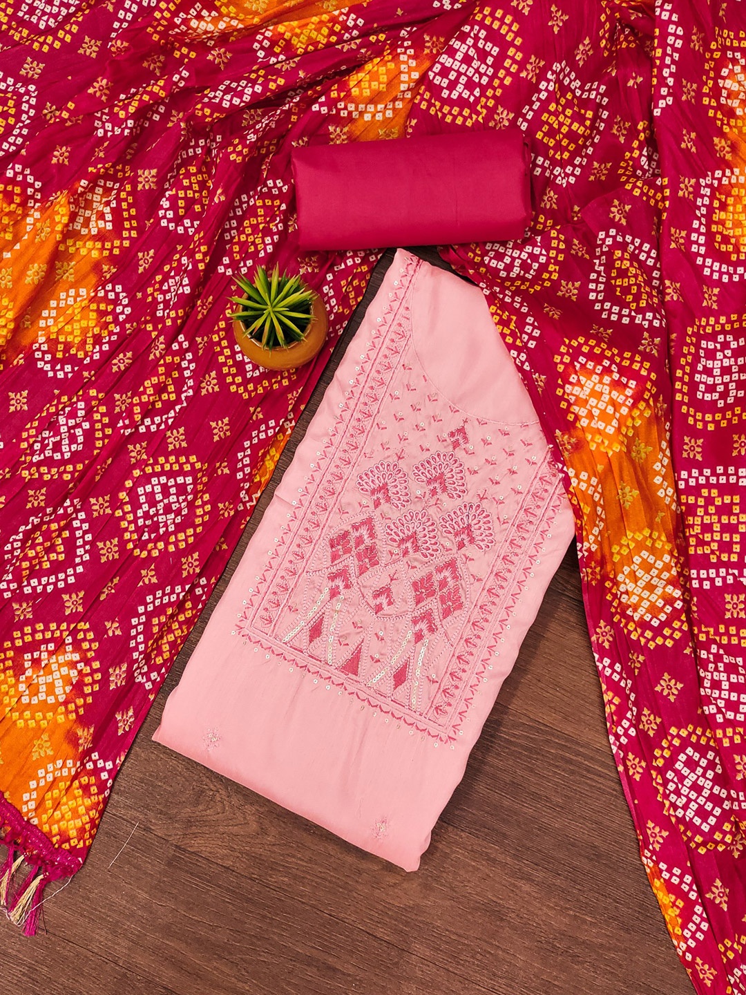 

Rangtulika Floral Embroidered Sequnnied Silk Cotton Unstitched Dress Material, Pink