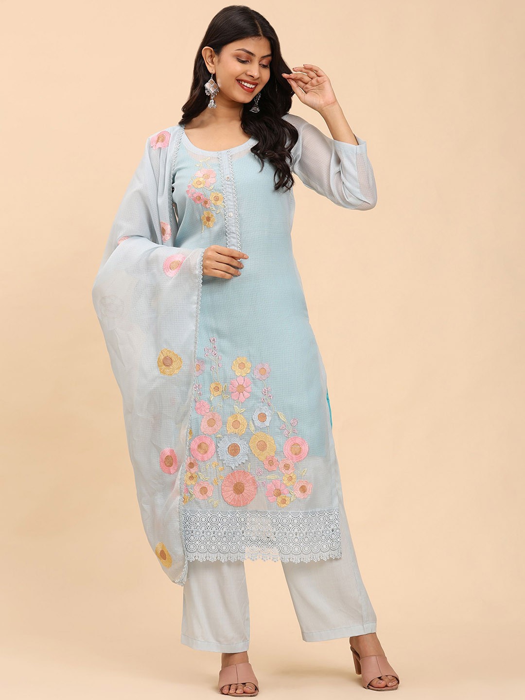 

Mamicha Women Floral Regular Pure Cotton Kurta with Palazzos & With Dupatta, Blue