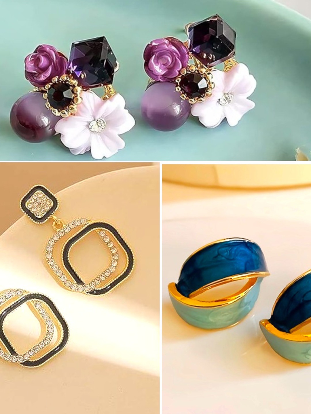 

kazare Set Of 3 Artificial Stones Studded Contemporary Studs, Purple
