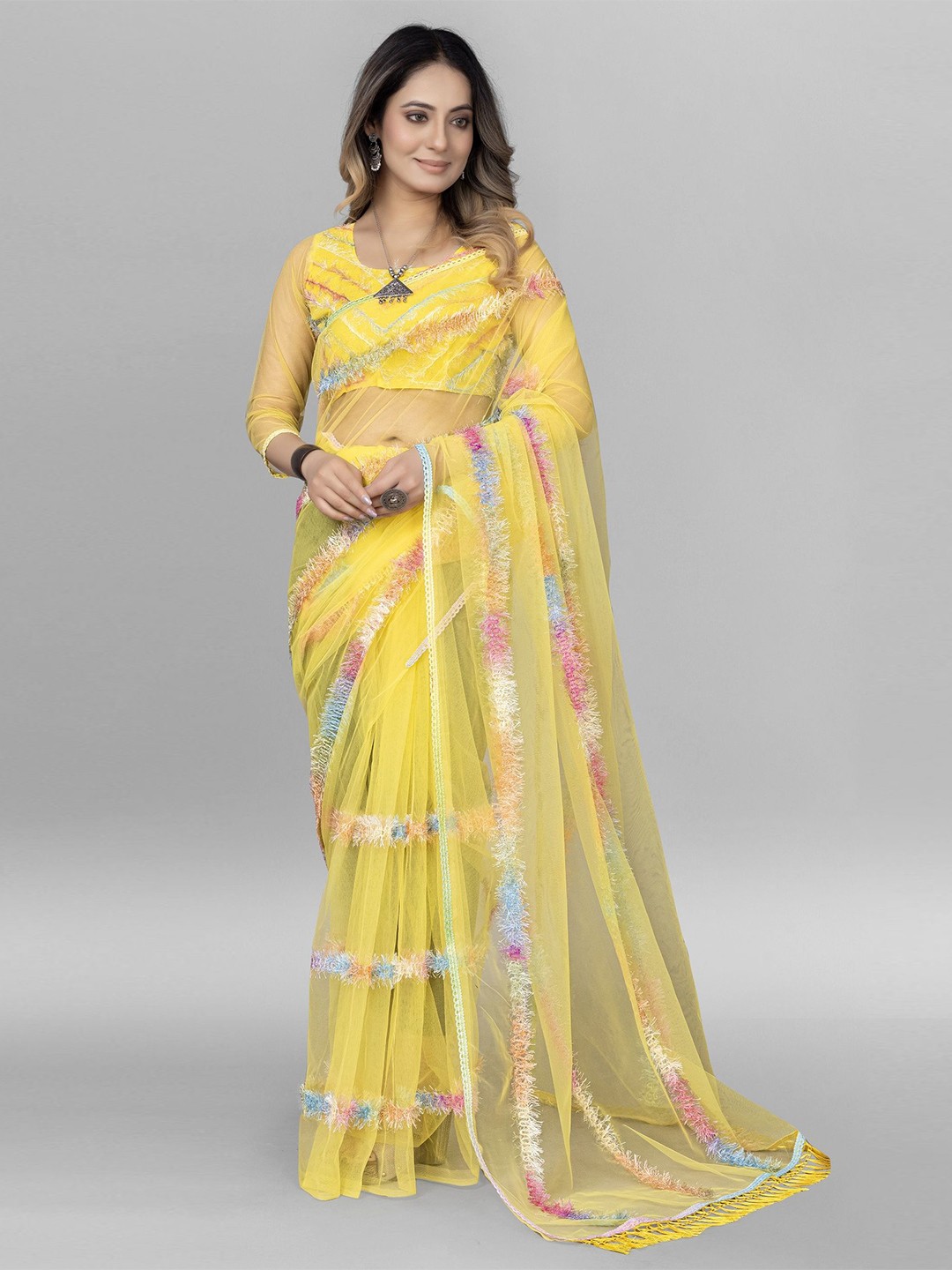

Aika Striped Embroidered Net Saree, Yellow