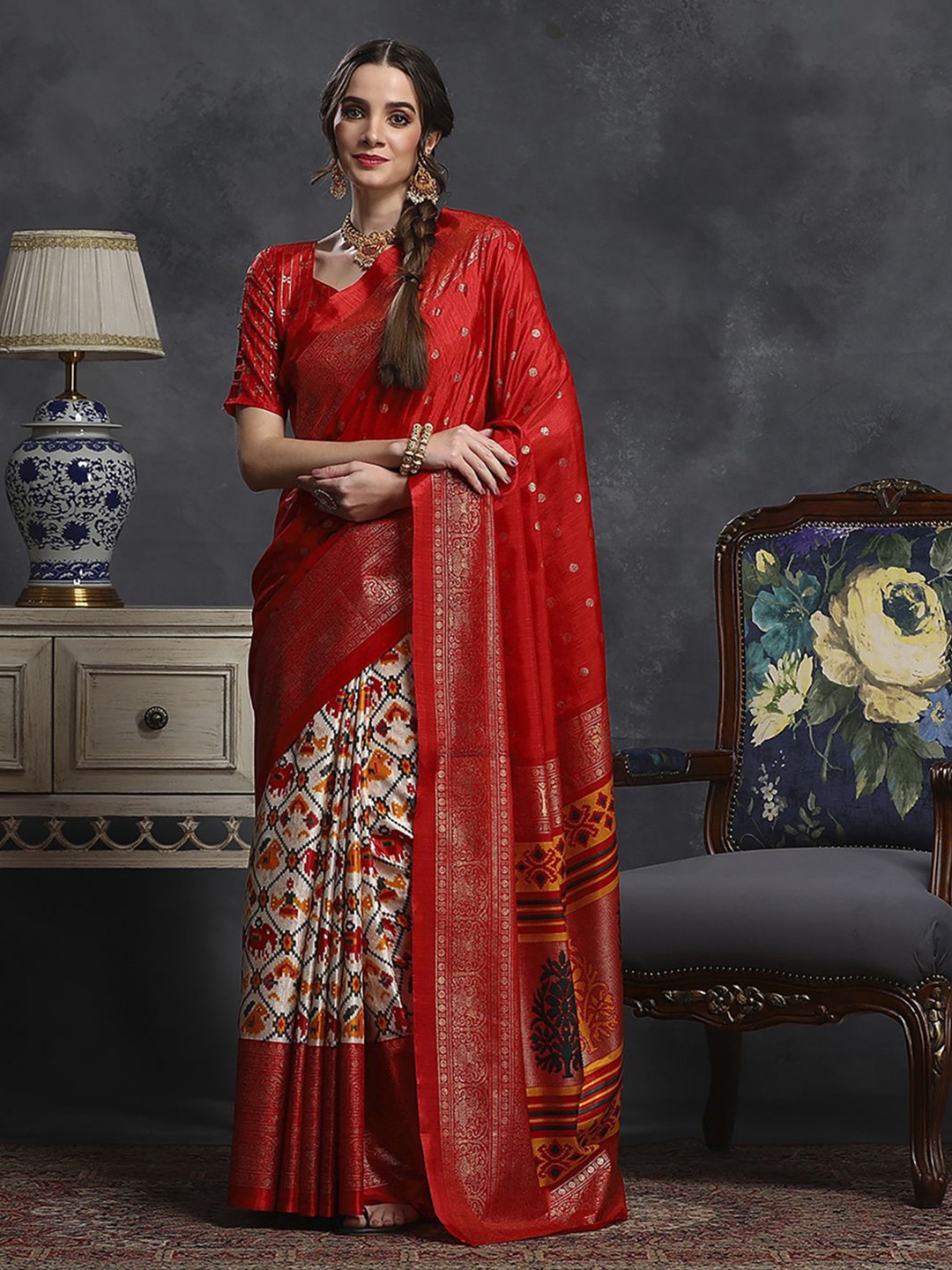 

Anouk Rustic Ethnic Motifs Zari Silk Blend Ikat Saree, Red