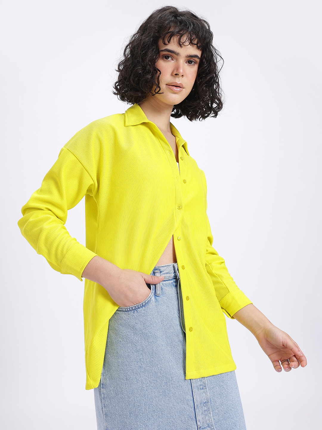 

glitchez Pop Moment Textured Stripes Drop-Shoulder Shirt, Fluorescent green