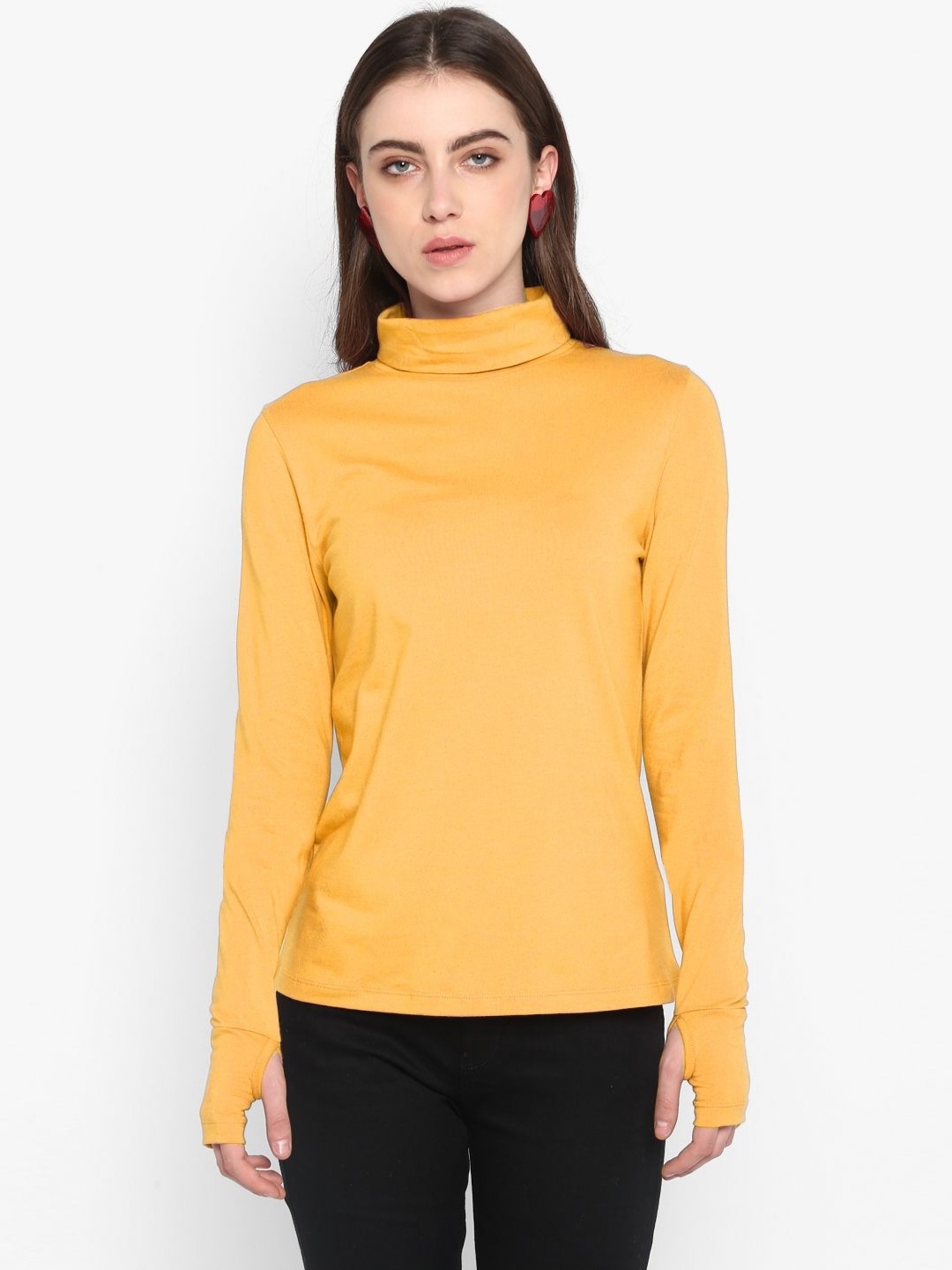 

Metronaut Women High Neck Pockets Slim Fit T-shirt, Mustard