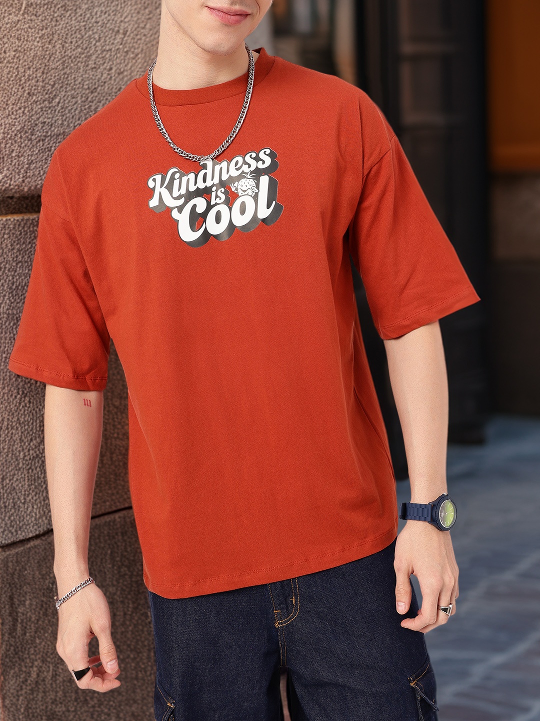 

Kook N Keech Grunge Kindness Cool Printed Oversized T-shirt, Rust