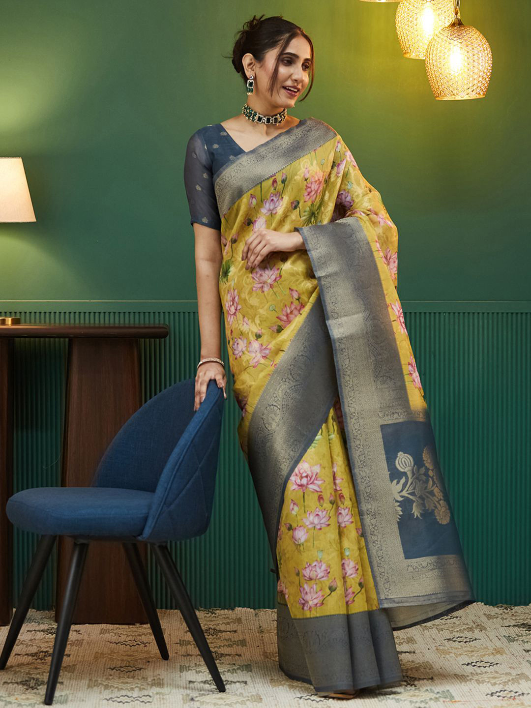 

all about you Floral Zari Silk Blend Saree, Navy blue