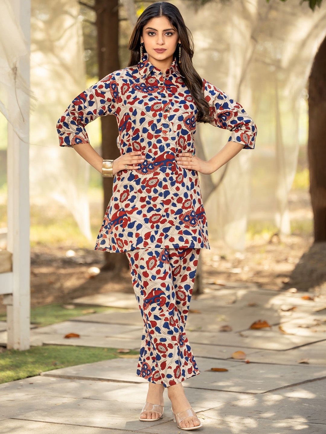 

Moda Rapido Floral Printed Shirt Collar Cotton Tunic & Trouser, Grey