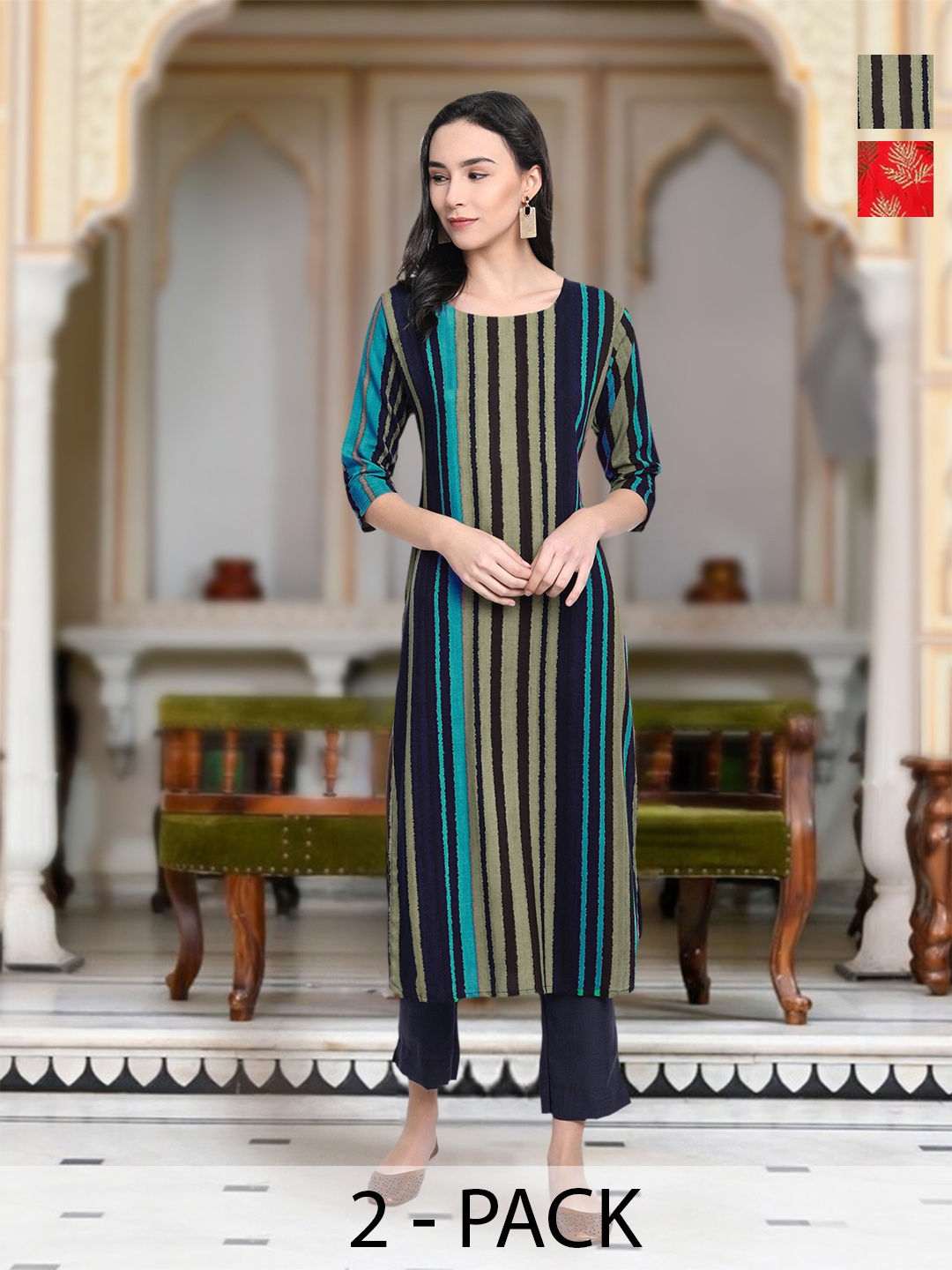 

Moda Rapido Selection Of 2 Striped Round Neck Straight Kurta, Black