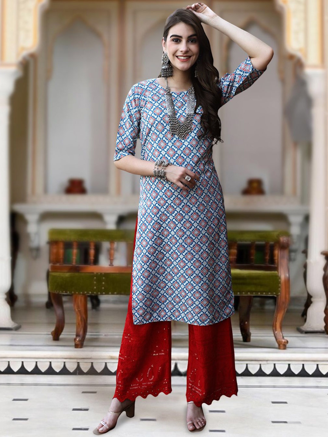 

Moda Rapido Floral Printed Round Neck Straight Kurta, Blue