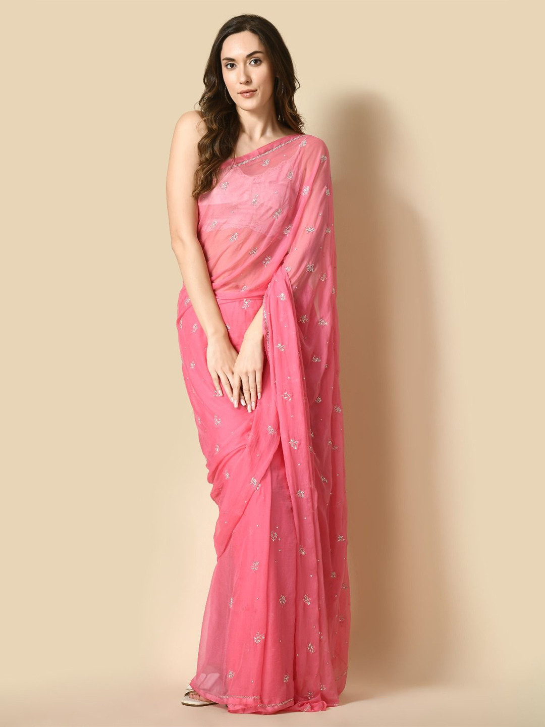 

House of Chiffon Coral Pink Jag Mag Sitara Buti Saree