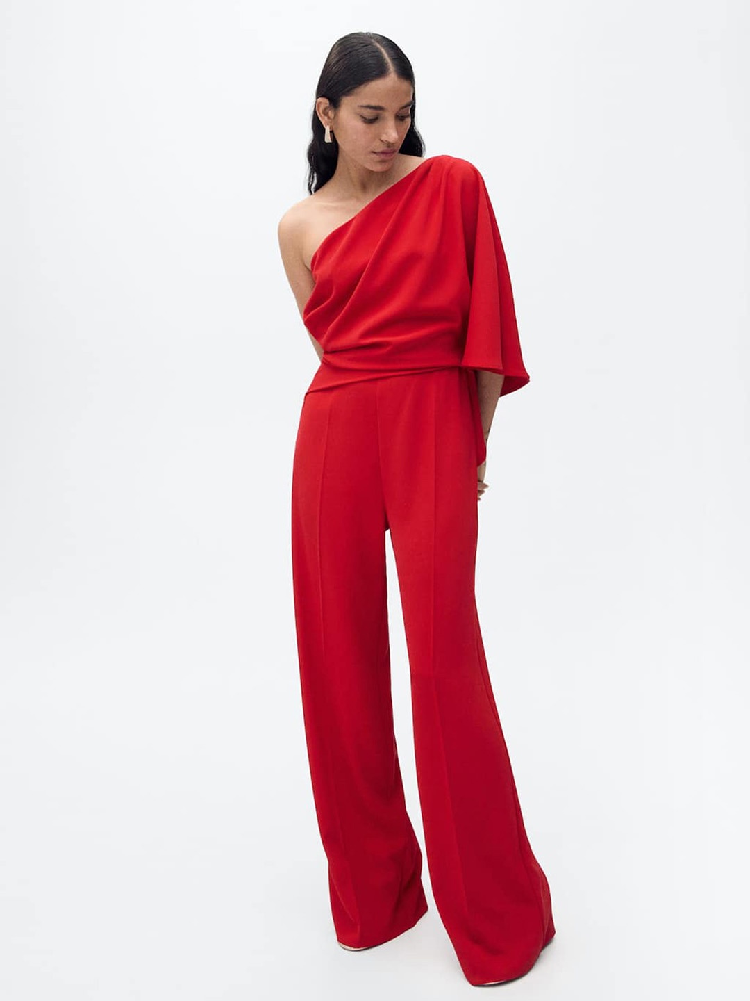 

MANGO Asymmetric Neck Flared Sleeve Basic Jumpsuit, Red