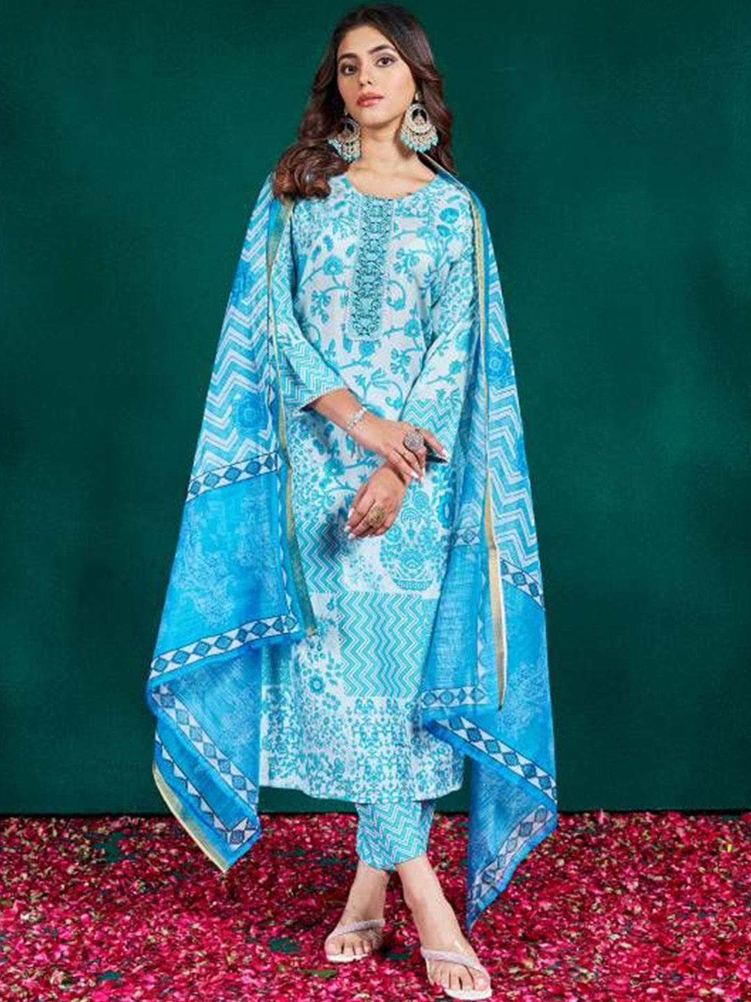 

HI FI NX Floral Printed Thread Work Straight Kurta With Trousers & Dupatta, Blue